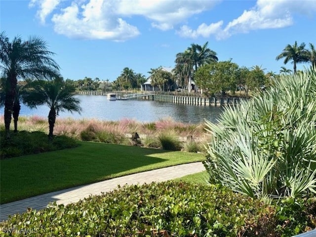 view of home's community featuring a lawn and a water view