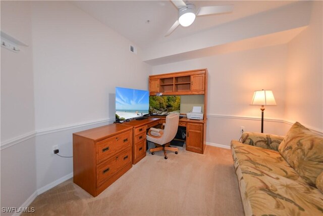 office area with light carpet, baseboards, visible vents, and a ceiling fan