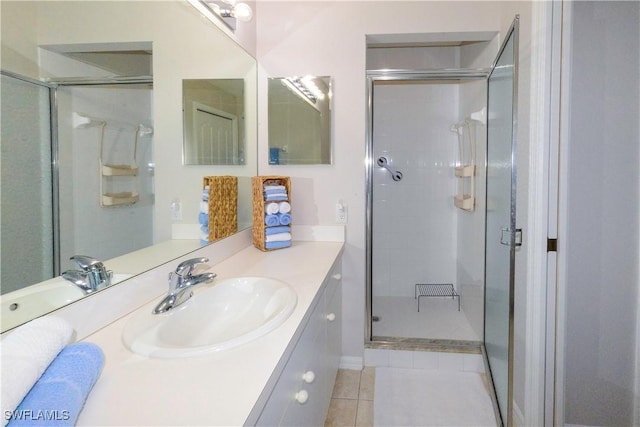 bathroom featuring a stall shower, tile patterned flooring, and vanity