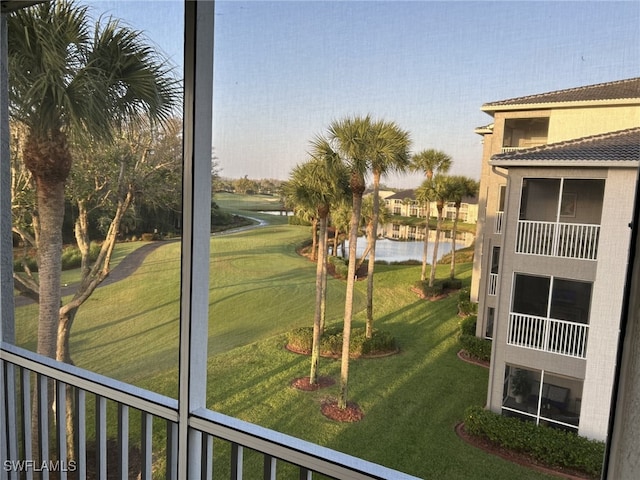 exterior space with a water view