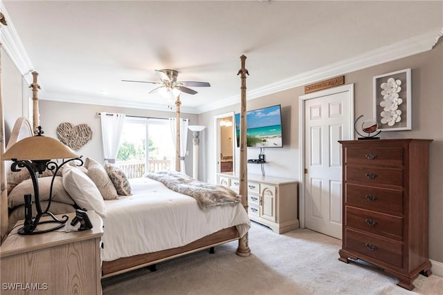 bedroom with crown molding, ceiling fan, access to exterior, and light colored carpet