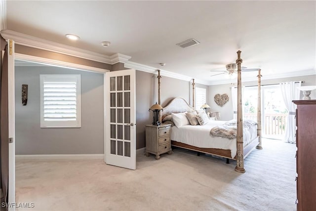 bedroom featuring access to exterior, visible vents, ornamental molding, carpet flooring, and baseboards