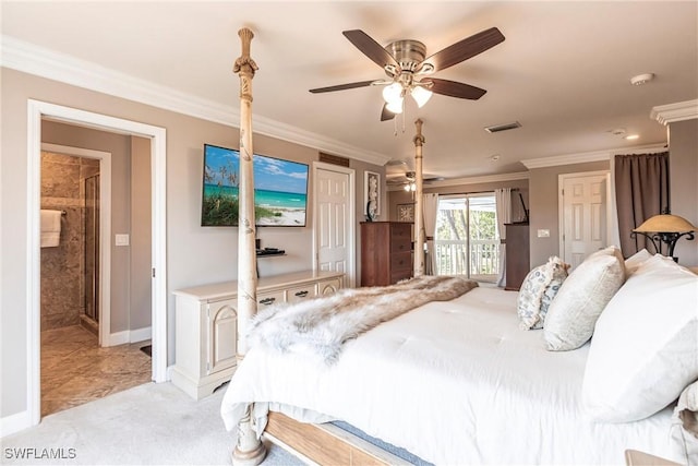 bedroom with light colored carpet, visible vents, ornamental molding, access to outside, and baseboards