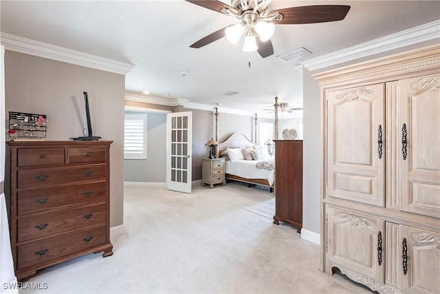 bedroom featuring light carpet, visible vents, baseboards, crown molding, and french doors