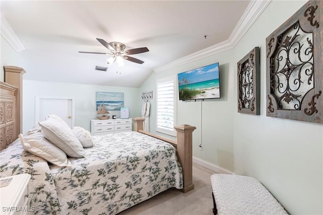 bedroom featuring crown molding, visible vents, a ceiling fan, vaulted ceiling, and baseboards