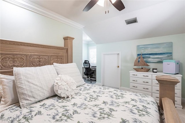 bedroom featuring baseboards, visible vents, ornamental molding, and a ceiling fan