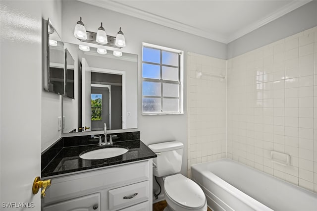 full bath with ornamental molding, shower / bathing tub combination, vanity, and toilet