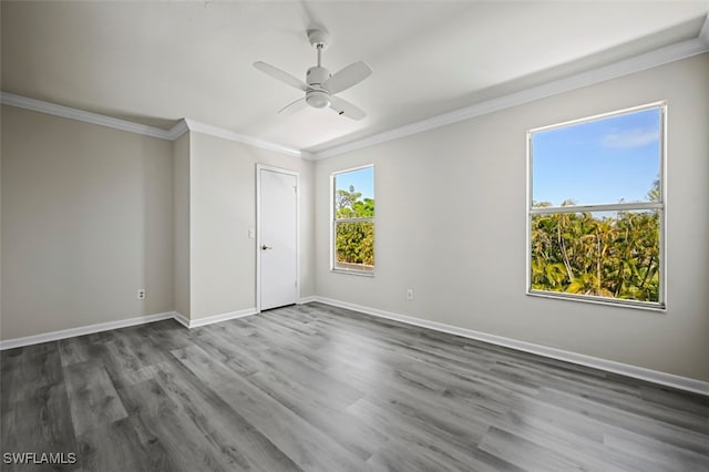 spare room with baseboards, ceiling fan, dark wood-type flooring, and crown molding