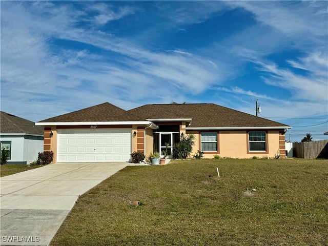 single story home featuring a garage, concrete driveway, a front yard, and stucco siding