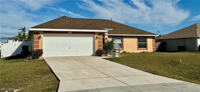 ranch-style house featuring a garage, concrete driveway, fence, a front lawn, and stucco siding