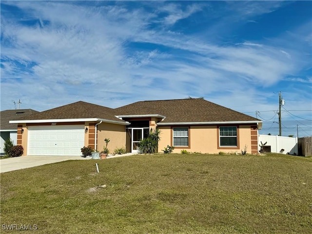 single story home with a garage, concrete driveway, a front lawn, and fence