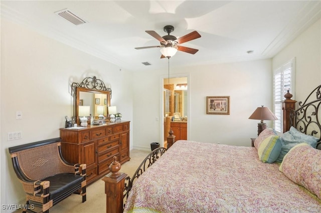 bedroom featuring light carpet, baseboards, visible vents, and a ceiling fan