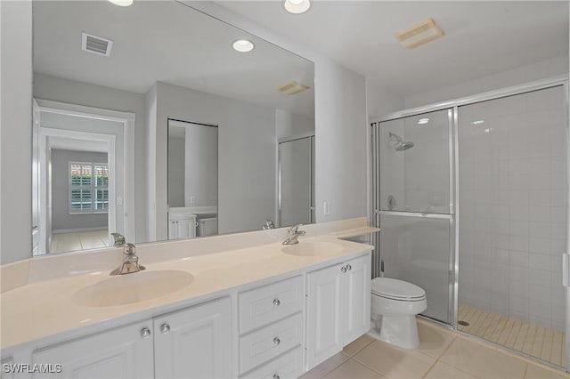 full bathroom with a shower stall, a sink, visible vents, and tile patterned floors