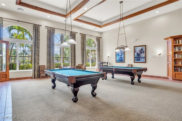 playroom featuring a towering ceiling, baseboards, a tray ceiling, and pool table