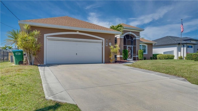 view of front of property with an attached garage, driveway, a front lawn, and stucco siding