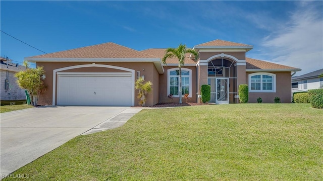 mediterranean / spanish home with a garage, a front yard, concrete driveway, and stucco siding