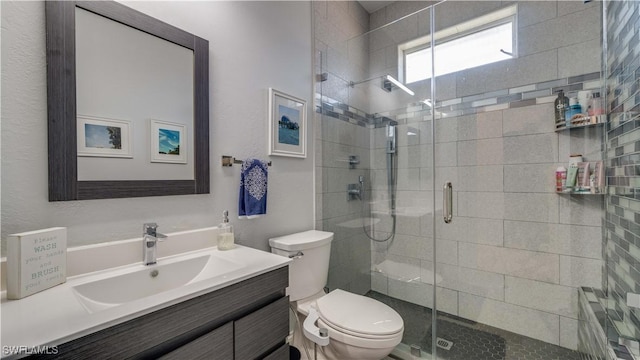 bathroom featuring toilet, a stall shower, and vanity