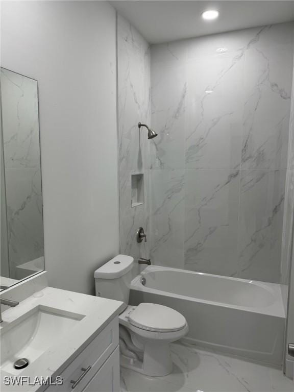 bathroom featuring vanity, recessed lighting, toilet, marble finish floor, and shower / bathtub combination