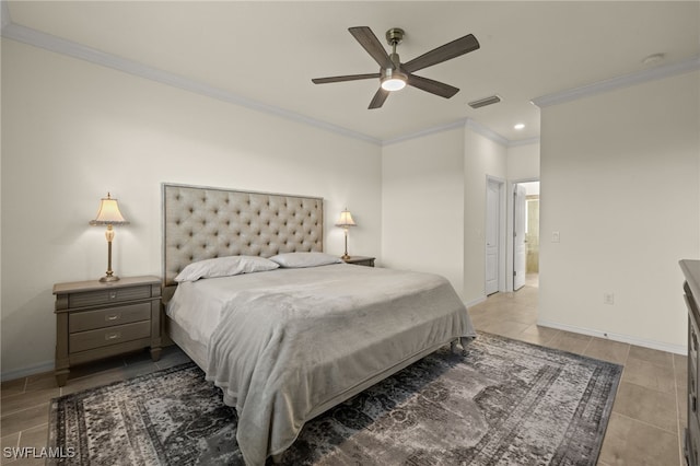 bedroom featuring recessed lighting, a ceiling fan, baseboards, visible vents, and crown molding