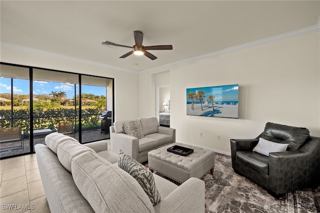 living room featuring ornamental molding, tile patterned flooring, and a ceiling fan