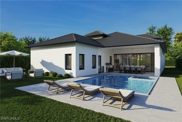 back of property featuring a patio, an outdoor living space, a lawn, a fenced in pool, and stucco siding