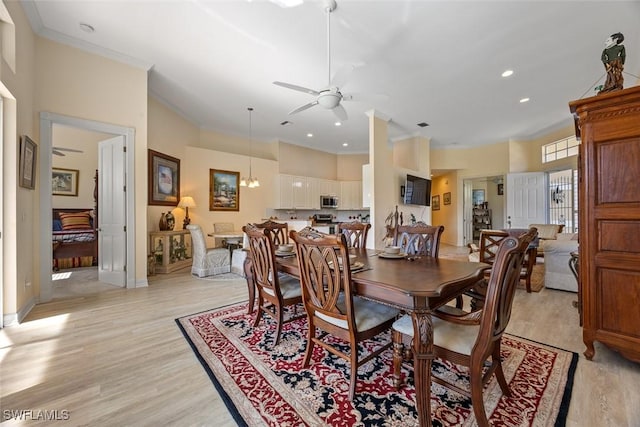 dining room featuring crown molding, recessed lighting, light wood finished floors, and ceiling fan