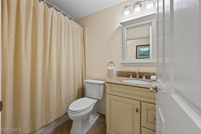 bathroom featuring vanity, toilet, and wood finished floors