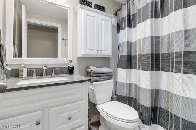 full bathroom featuring toilet, a shower with shower curtain, and vanity