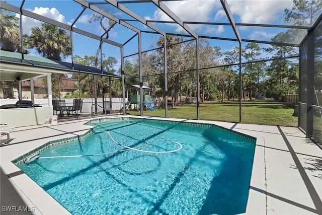 view of pool featuring a fenced in pool, a patio, a lanai, a yard, and a playground