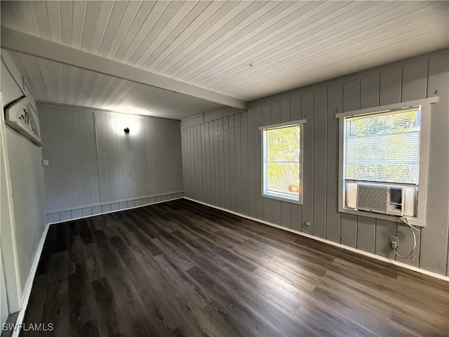 unfurnished room featuring wooden ceiling, cooling unit, beamed ceiling, and dark wood finished floors