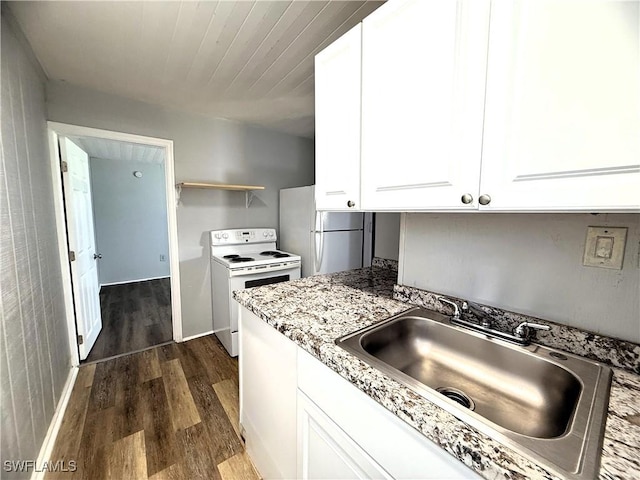 kitchen featuring light stone counters, a sink, dark wood-style floors, white appliances, and white cabinets