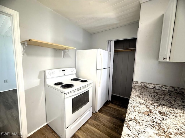 kitchen with light countertops, open shelves, white appliances, dark wood finished floors, and white cabinets