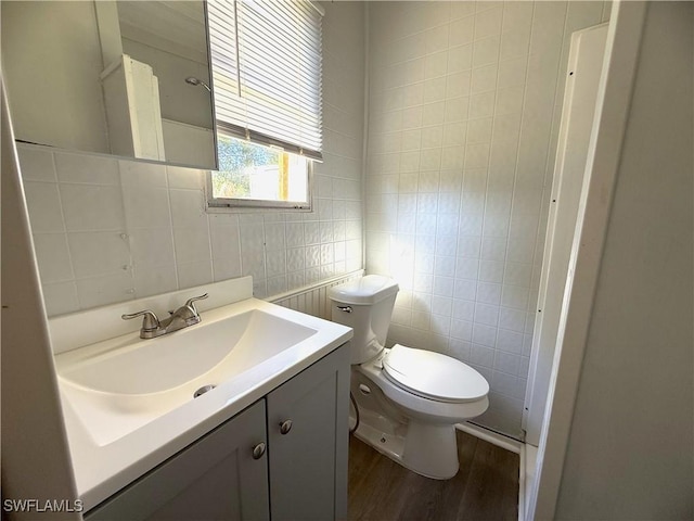 bathroom with wood finished floors, toilet, vanity, and tile walls
