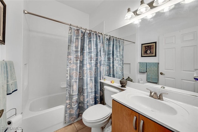 full bathroom with vanity, shower / tub combo, tile patterned flooring, and toilet