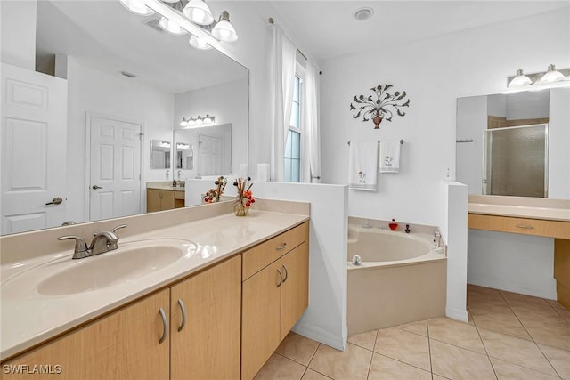 full bath with a garden tub, tile patterned flooring, visible vents, vanity, and a shower stall