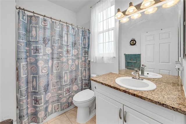 full bath with toilet, vanity, a shower with shower curtain, and tile patterned floors