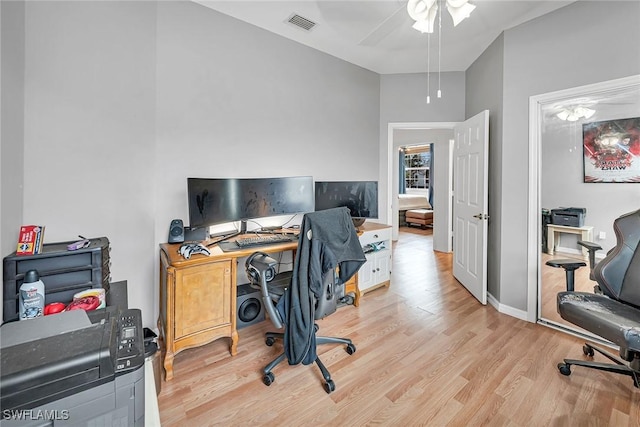 home office featuring light wood finished floors, visible vents, and baseboards