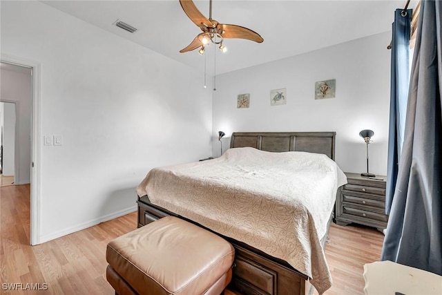 bedroom featuring ceiling fan, light wood-type flooring, visible vents, and baseboards