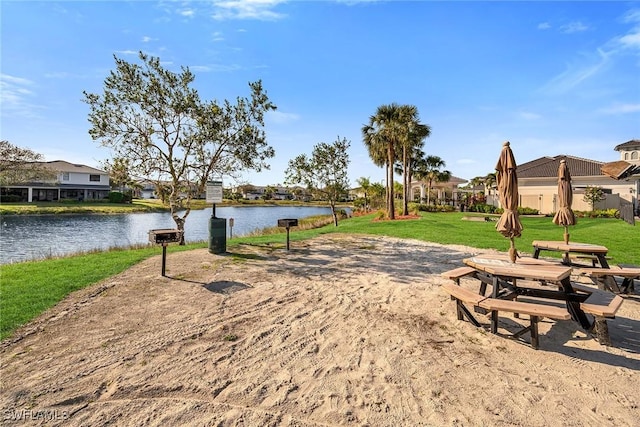 surrounding community featuring a water view and a yard