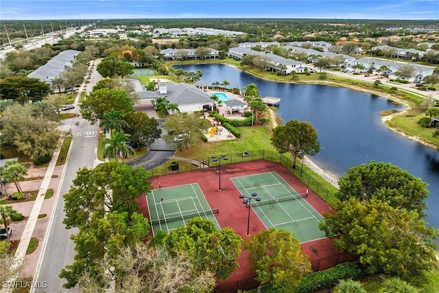 aerial view with a water view and a residential view