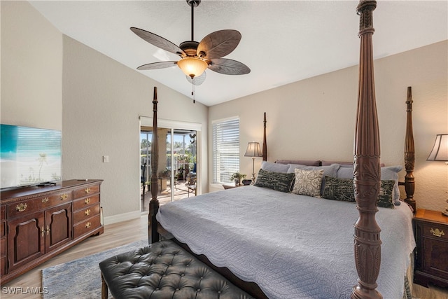 bedroom with baseboards, ceiling fan, access to outside, vaulted ceiling, and light wood-type flooring