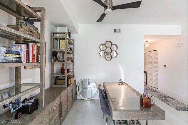 interior space featuring visible vents and a ceiling fan