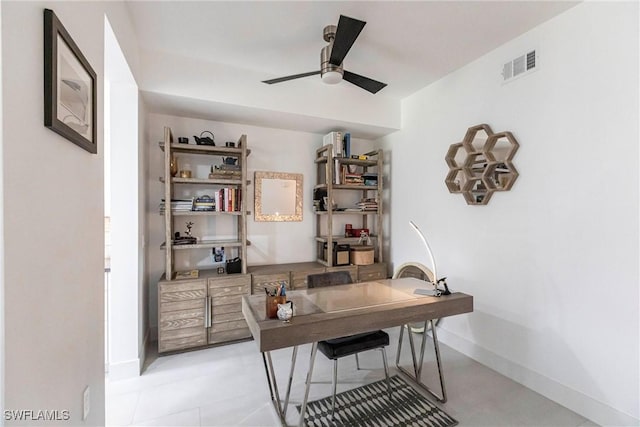 office space featuring baseboards, visible vents, and a ceiling fan