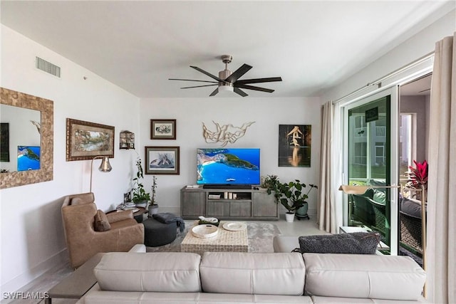 living room featuring ceiling fan and visible vents