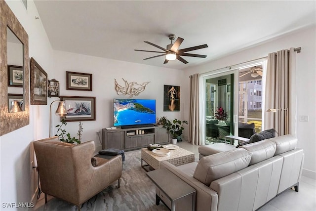 living room featuring ceiling fan