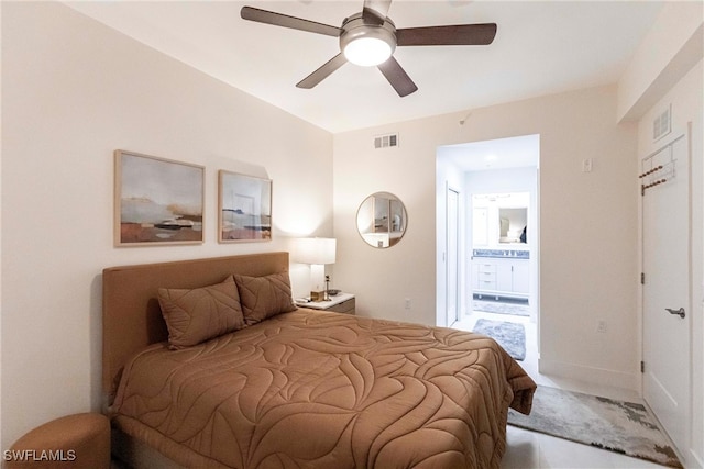 bedroom featuring visible vents, connected bathroom, and ceiling fan