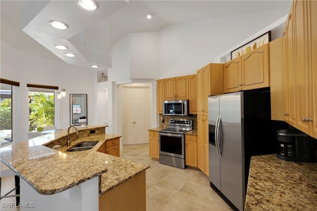 kitchen with a towering ceiling, decorative backsplash, appliances with stainless steel finishes, a sink, and a kitchen bar