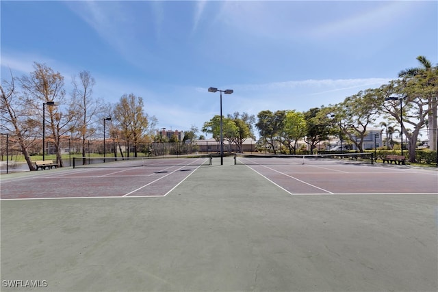 view of tennis court featuring fence