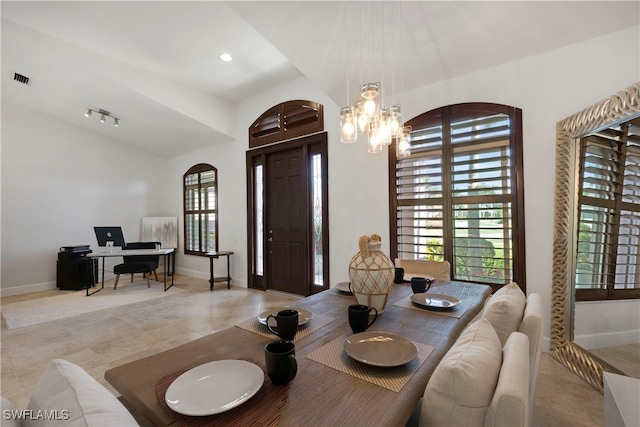 dining space with recessed lighting, visible vents, baseboards, and an inviting chandelier