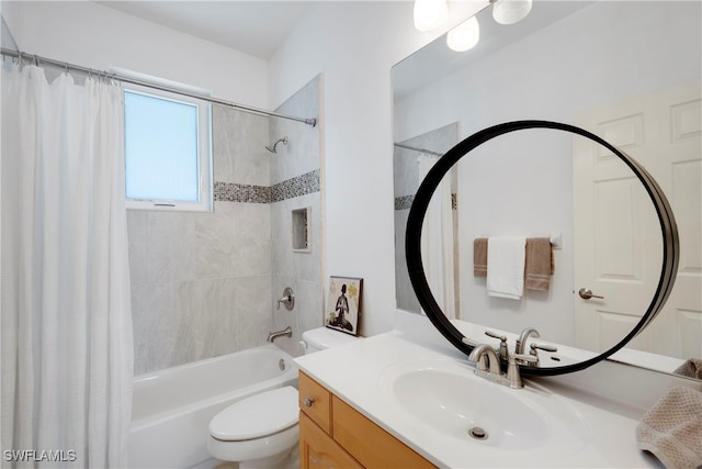 full bath with shower / tub combo, visible vents, vanity, and toilet